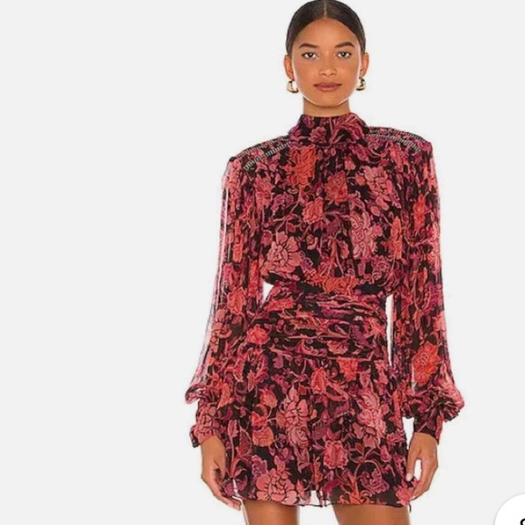 Hemant & Nandita Crimson mini floral v neck front bow dress SMALL - Picture 2 of 15